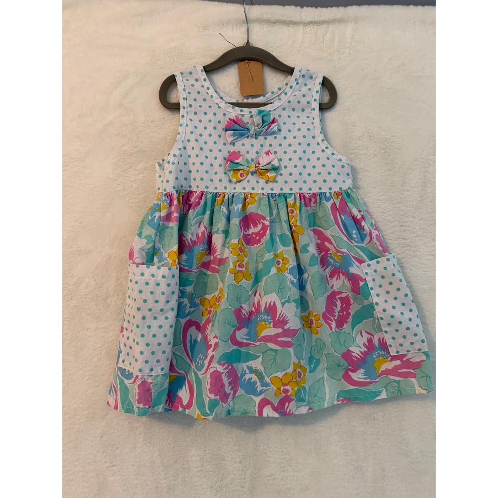 Vintage Cuties By Judy Girls Floral Polka Dot Bow Dress Size 4 Multicolor Pocket